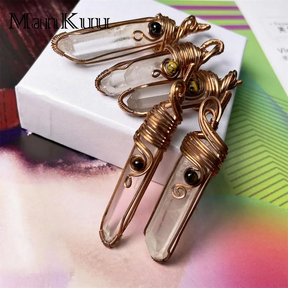 

Mankuu DIY Handmade Red Brass Wire Wrapped Natural Clear Crystals Healing Stones Hexagonal Point Pendant Necklace For Woman Gift