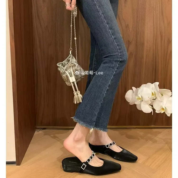 

2025 Spring New Rhinestone Bling Wedding Shoes Low Heel Comfortable Loafers Silver Mules Shoes for Women Flats Zapatos De Mujer