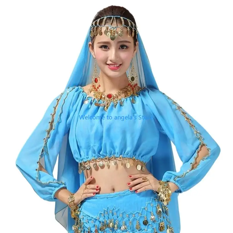 X4YC Belly Dance Outfit Long Sleeve munten Top Shirt Belly Dance -kostuum voor dames Halloween Stage -uitvoeringen Kostuum