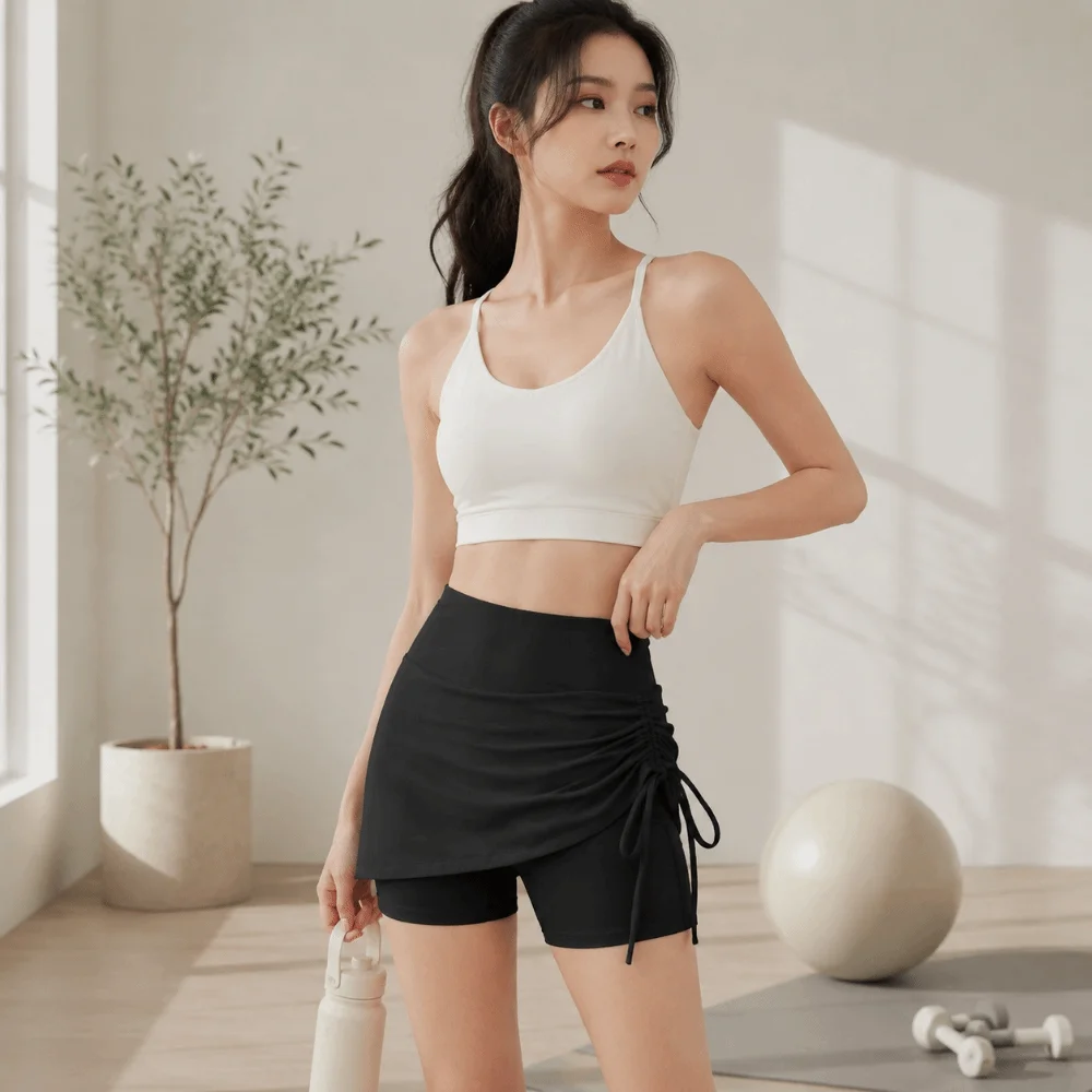 

High-Waisted Pleated Hip-lifting Shorts Slim Fit Quick Drying Fake Two Piece Sports Pants Anti Glare Irregular Curved Hem