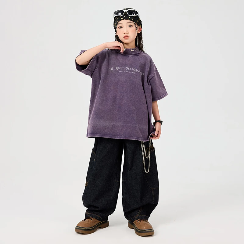 2025 Estate Abbigliamento per bambini Ragazzi Abiti da ballo Hip Hop Maglietta viola Pantaloni neri Ragazze Jazz Practice Wear Jogger Outfit BL16085