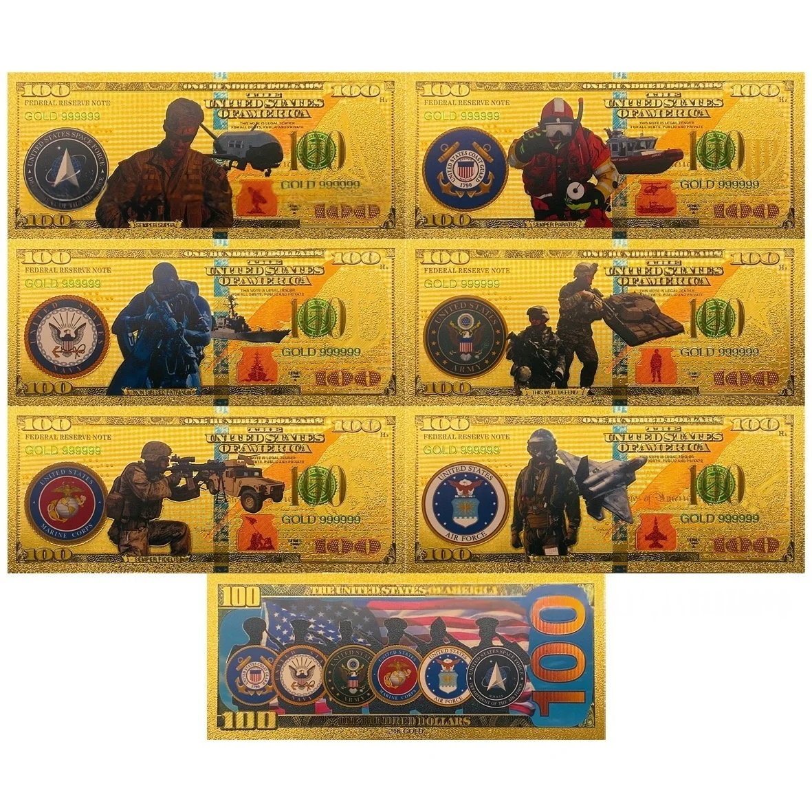 

Набор золотых банкнот США: Армия, ВМС, ВВС, Корпус морской пехоты, Кастомная служба — коллекционные сувенирные банкноты номиналом 100 долларов, подарки