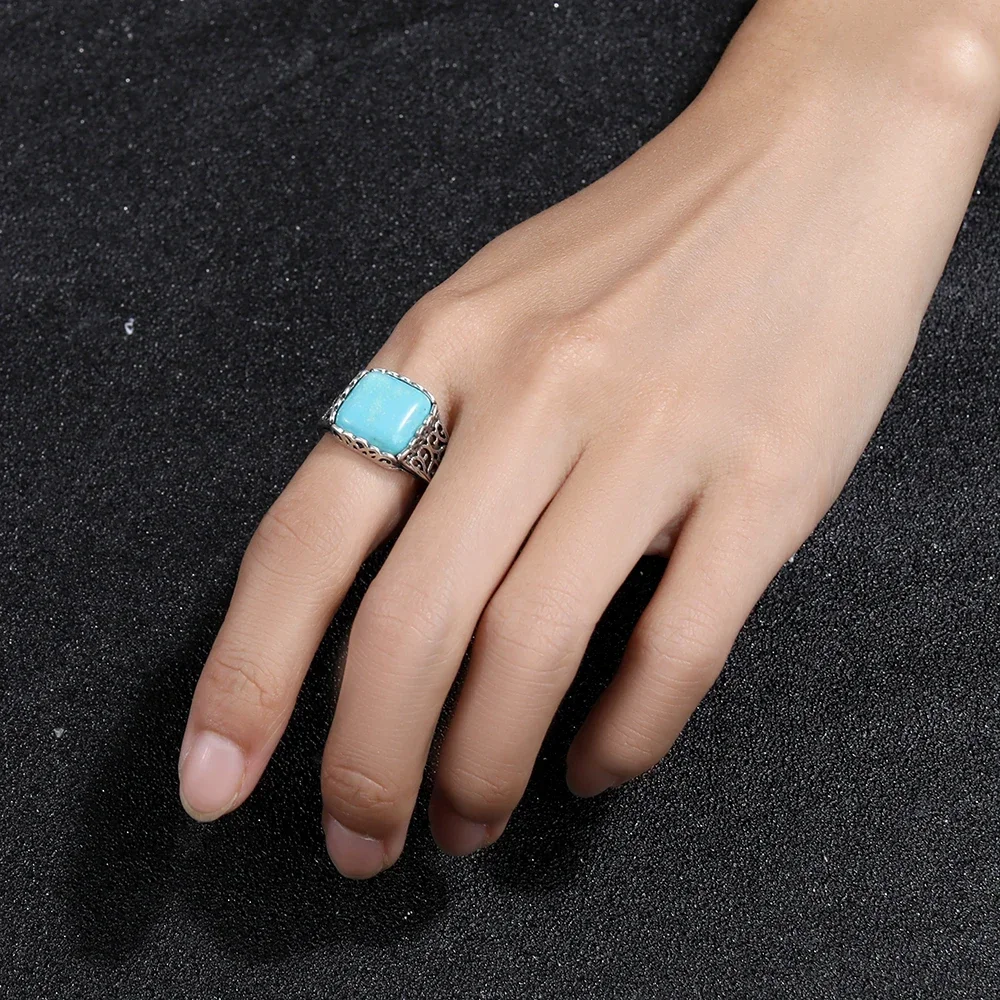Retro Silver Plated Rings Square Natural 12*12mm Turquoise Finger Ring Women's Fine Jewelry Gift Simple Fashion Style 4