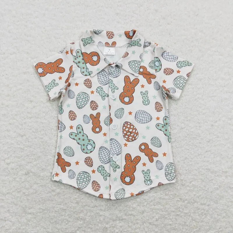 

New rts baby boys summer short sleeve tops wholesale boutique colorful bunny button short sleeve boy shirts