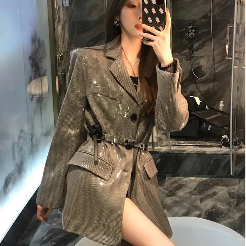 Korean Fashion Shiny Sequin Blazer Women Luxury Bling Bling Long Sleeve Jacket Woman Streetwear Temperament Loose Coat