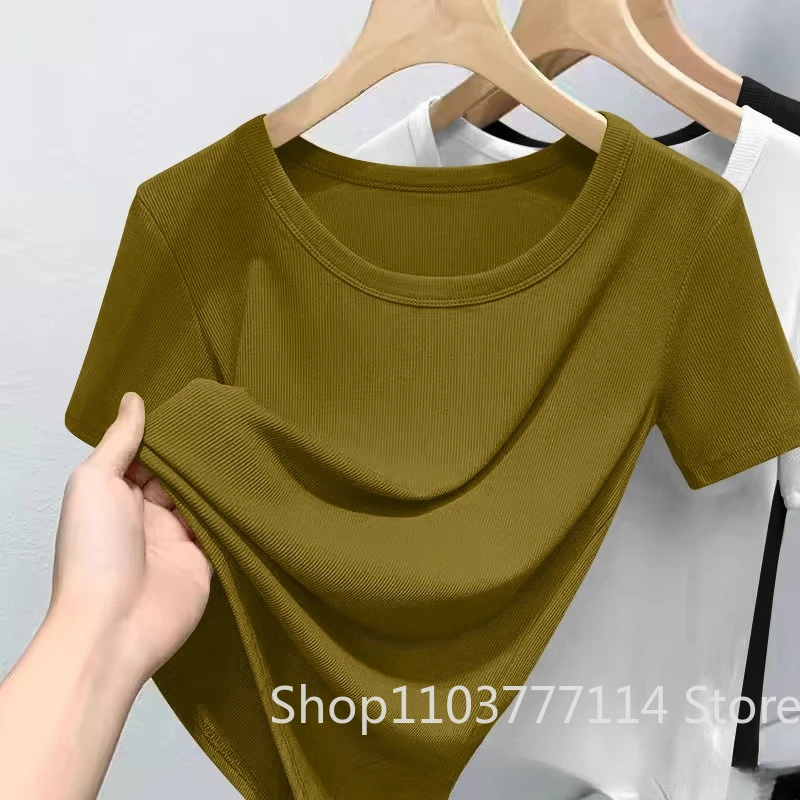 Sommerliches Damen-T-Shirt mit Rundhalsausschnitt, modisch, trendig, locker geschnitten, kurzärmelig, weich, atmungsaktiv, lässiges Oberteil, ideal für den Alltag, Streetstyle-Outfit. – Detail 4