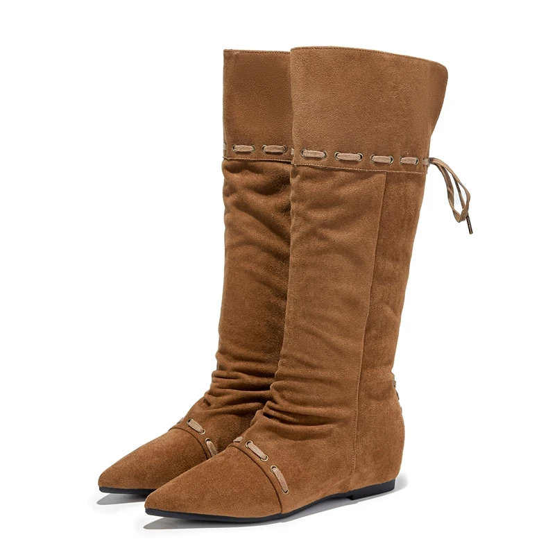 AIYUQI 2025 New Women's Boots Pointed Toe Pleated Women Biker Boots Large Size Maillard Women's Western Cowboy Boots