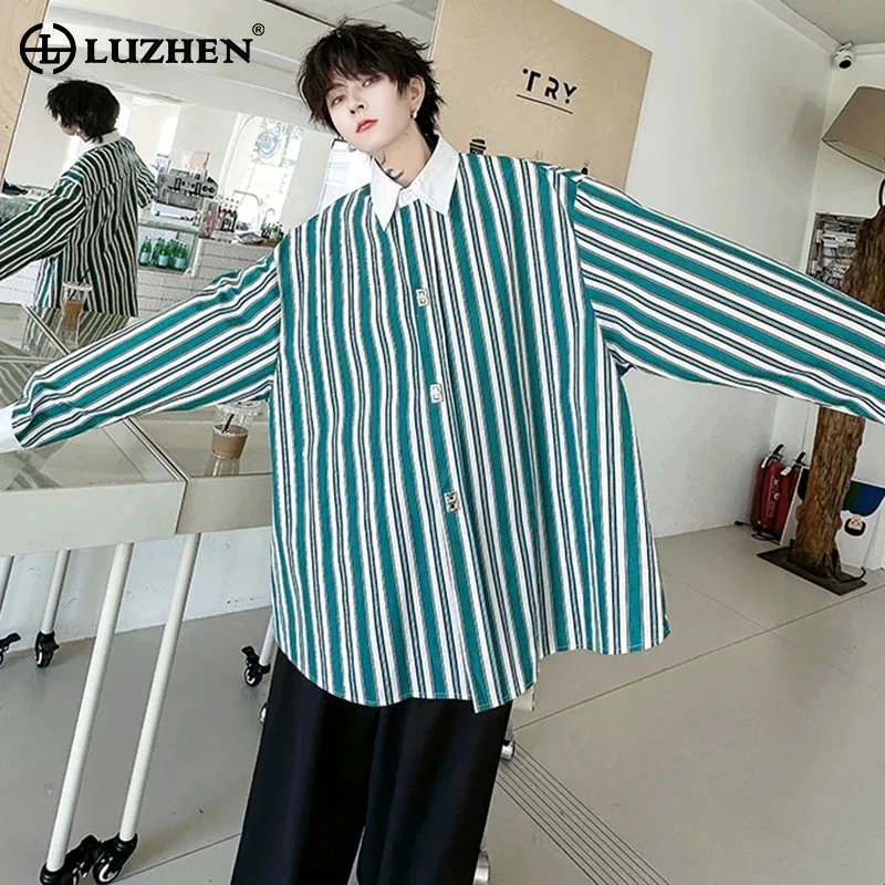 

LUZHEN Men's Striped Print Shirts Contrast Color Spliced Fashion Fake Two Piece Casual Tops Trendy Spring Loose Clothes LZ3068