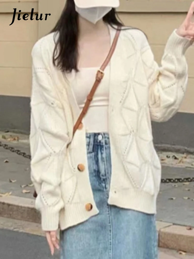 

Jielur Sweet Solid Color Casual Women's Cardigan Single Breasted V-neck Simple Fashion Elegant Female Cardigan Chic Streetwear