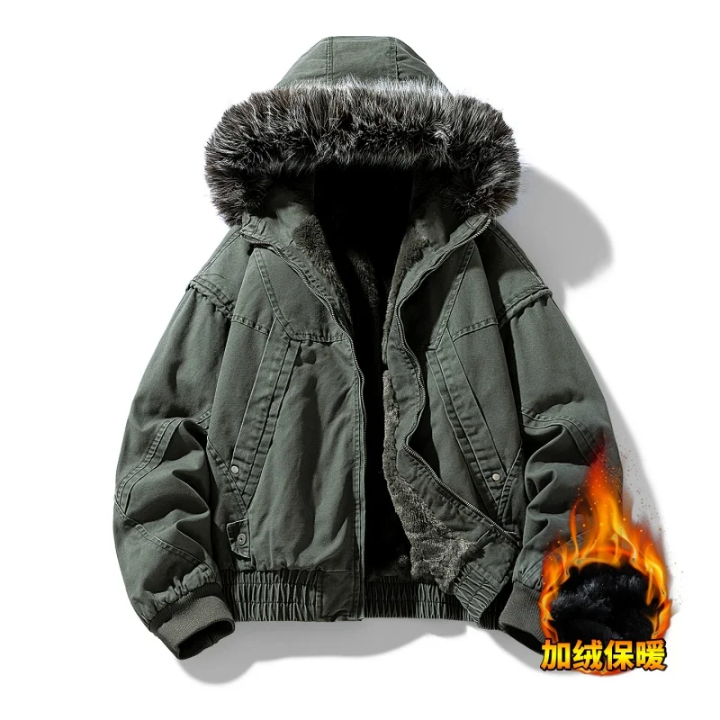 سترات رجالية شتوية جديدة مخملية سميكة بأكمام طويلة وسحاب وياقة من الفرو الرجعية سترات قطنية بقلنسوة ملابس قطنية راقية