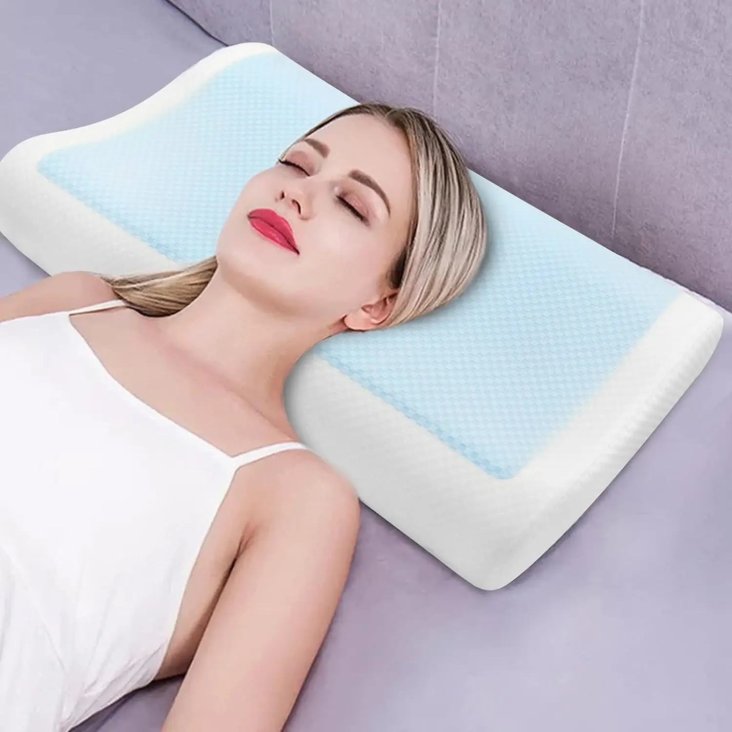 Memory Foam Pillow Cervical Cooling Pillow Bed Pillowcase Cool Gel Neck Orthopedic Pillow with Removable Washable Cover for Ther