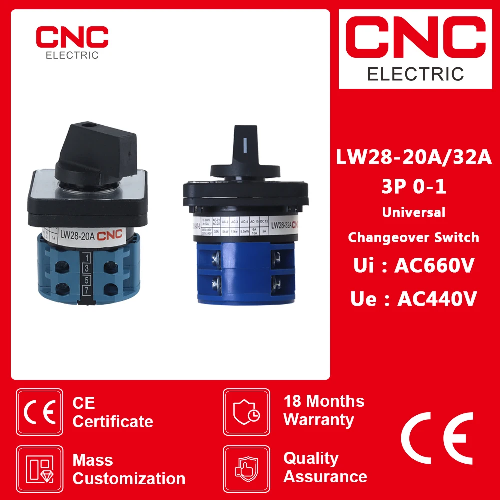 CNC LW28-20/32A 0-1 Universal Changeover Switch 2 Position 3 Pole Rotary Switch 660V 20A Changeover Switch