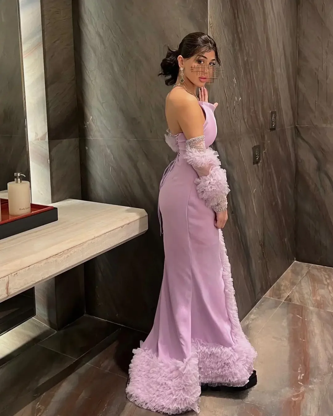 Elegant Women\'s Prom Dresses Tulle Evening Dresses Lilac Floor Length Pleated Formal Occasion Party Dress With Gloves