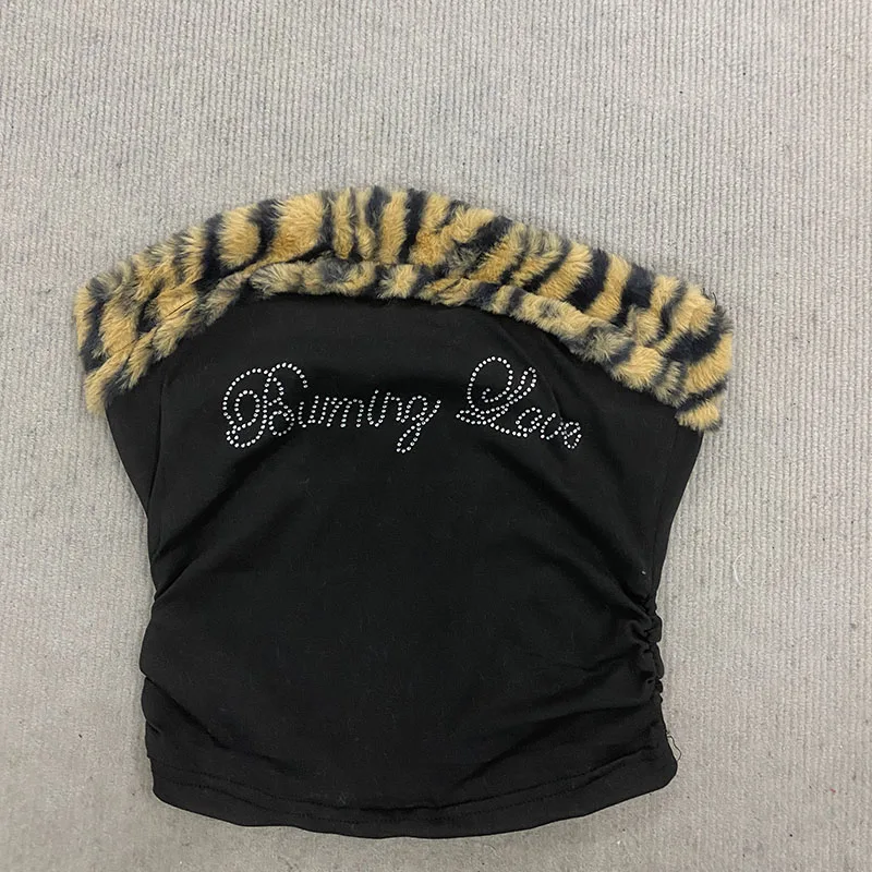 Summer Women's Sexy Slim Fit Y2K Leopard Print Vest Strapless Top Short  Navel Exposed Casual Fashion Letter Hot Drilling Top