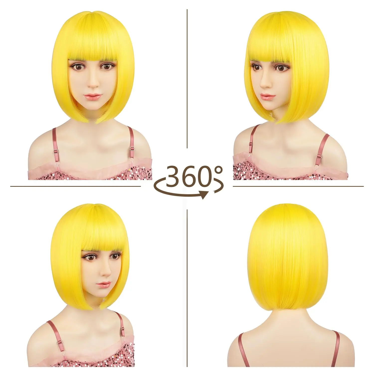 Yellow Short Bob Hairstyle Synthetic Wig for Halloween Cosplay, Everyday Wear Wig, High-Temperature Silk Wig Cap