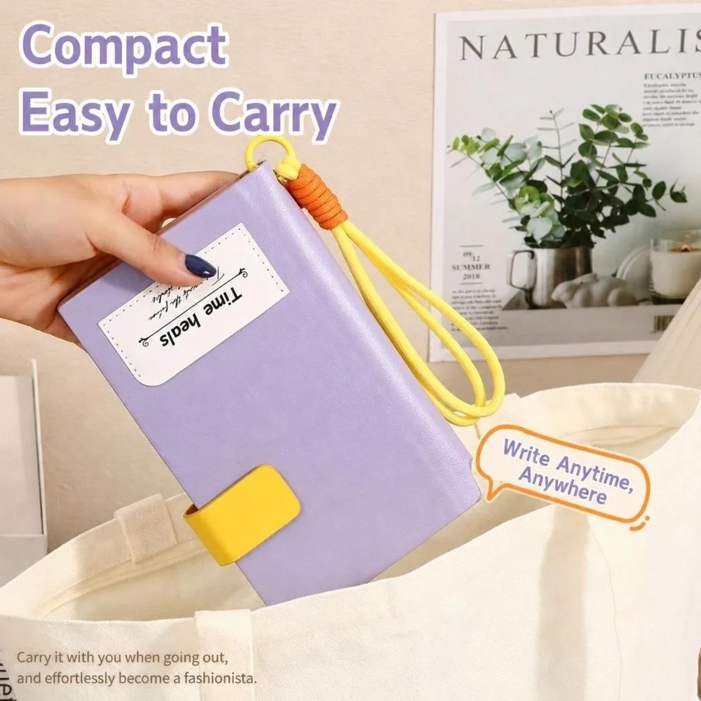 Cute A6 Notebook Color-blocking Lined Paper Lined Notebook Snap Button Closure with Lanyard Pocket Memo Book Note Taking