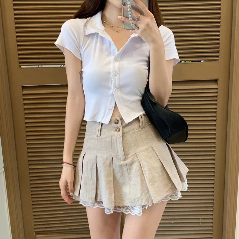 

Korean Fashion Khaki Short Skirt Lace Trim Cute Pleated Skirts Womens Preppy Style Button Up High Waist Summer Skirt