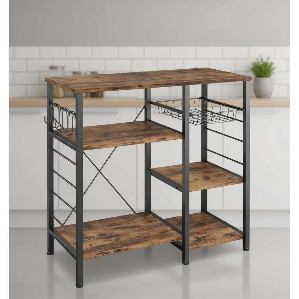 جزيرة المطبخ الصناعية العتيقة مع أرفف تخزين وحامل ميكروويف و6 خطافات - سهلة التجميع، إطار معدني متين #1