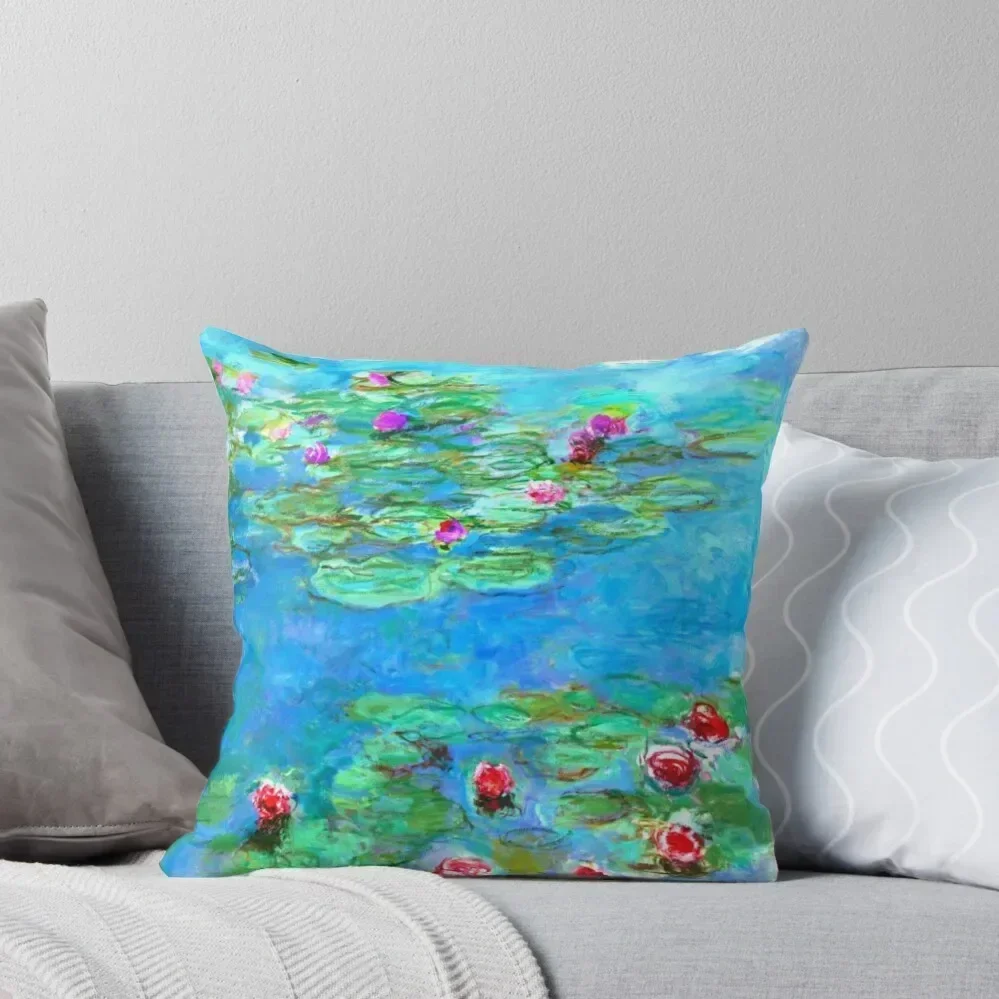 

Claude Monet - Cyan Blue Water Lilies / Nymphéas Vert d'eau Throw Pillow Couch Pillows Embroidered Cushion Cover pillow