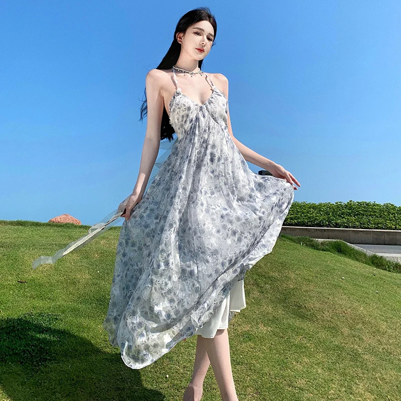 

Summer Desire Bare Back Halter Spaghetti Straps Printed Chiffon Dress