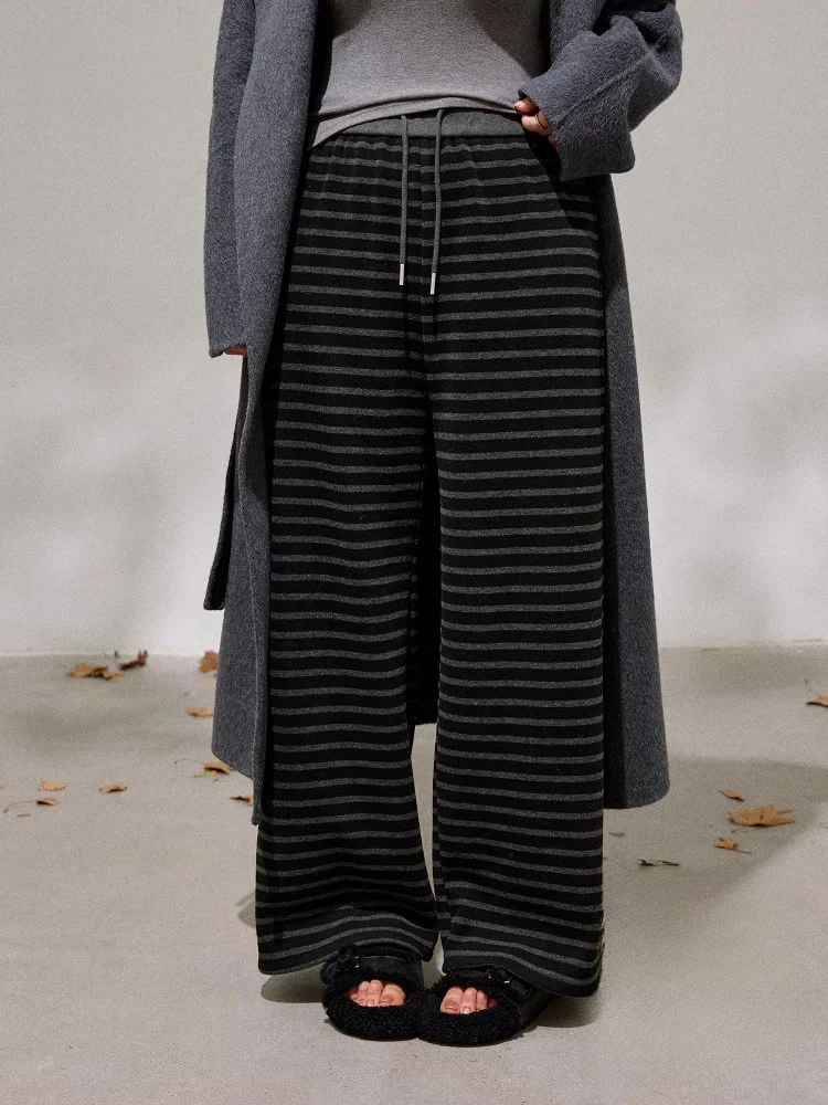 

Повседневные брюки с высокой талией больших размеров для женщин, модные корейские брюки в полоску, свободного кроя, с эффектом похудения, прямые брюки с высокой талией