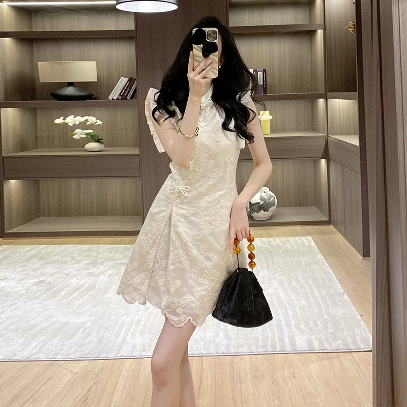 

Elegant Embroidered Qipao Dress, Modern Chinese Style Cheongsam with Ruffled Sleeves, Short Sleeve Mini Dress