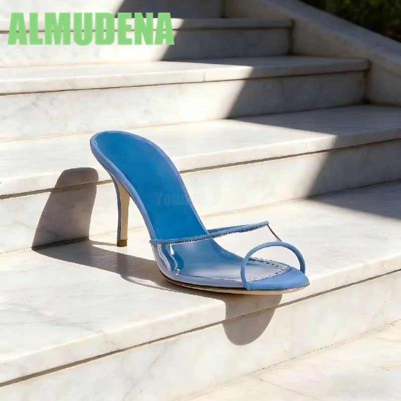 

Round Headed Pvc Blue Slim Heeled Sandals Simple Set Style Fashionable and Versatile Banquet Atmosphere 10Cm High Heels