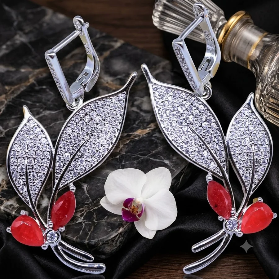 49x26mm SheCrown Fire Rainbow Mystic Topaz Real Red Ruby Real Blue Sapphire Women Wedding CZ Silver plated Dangle Earrings