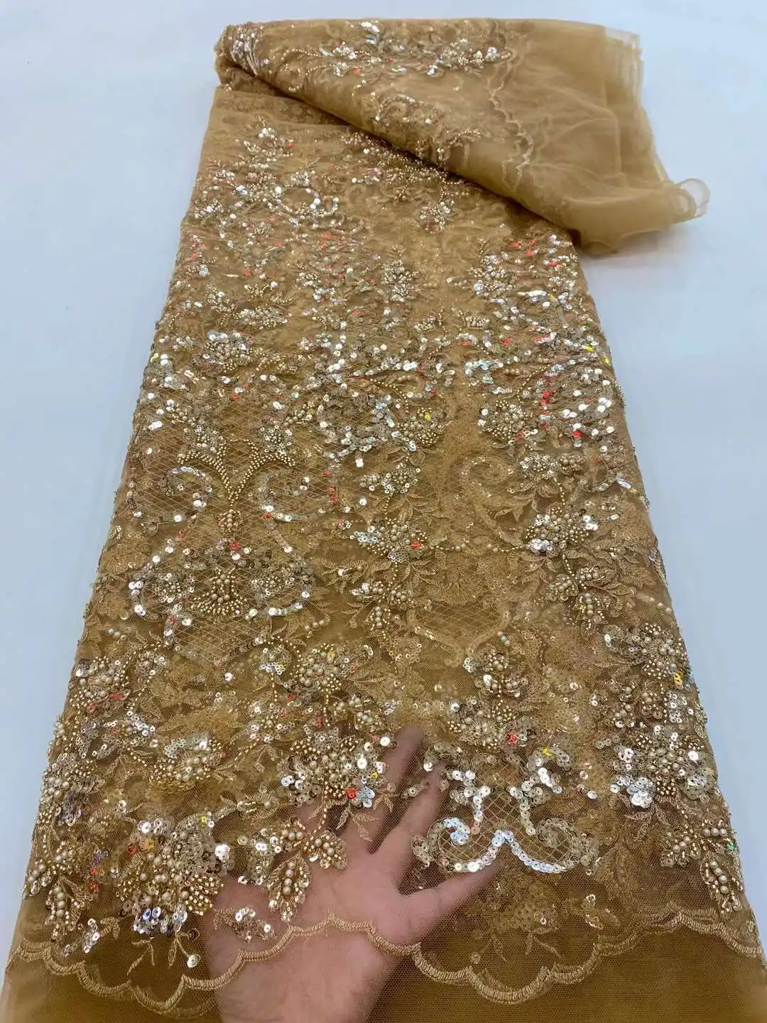 

African Luxury Gold Sequins Lace Mesh Fabric 2022 French High Quality Beads Tulle Fabric Nigerian For Wedding Bridal Dress Sew