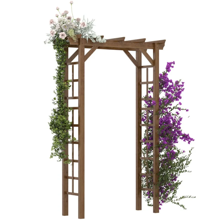 

7' Wooden Steel Garden Arbor with Fir Wood Side Panel for Wedding Ceremony Outdoor Garden Arched Trellis for Climbing Vines Ca