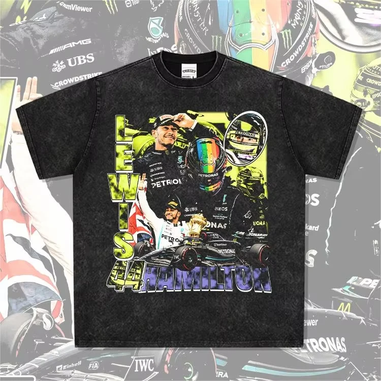 2025 Hamilton Lewis American F1 Vintage Print Tide Washed Cotton Heavy Short Sleeve T-shirt High Quality    - view 2