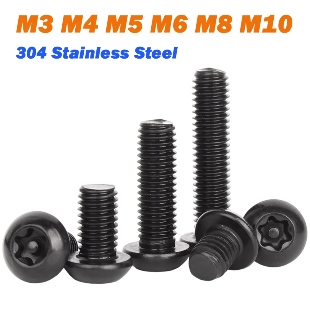 Leijiu Black 304 Stainless Steel Pin Torx Button Screw M3 M4 M5 M6 M8 M10 Six Lobe Anti-theft Tamper Proof Security Bolt