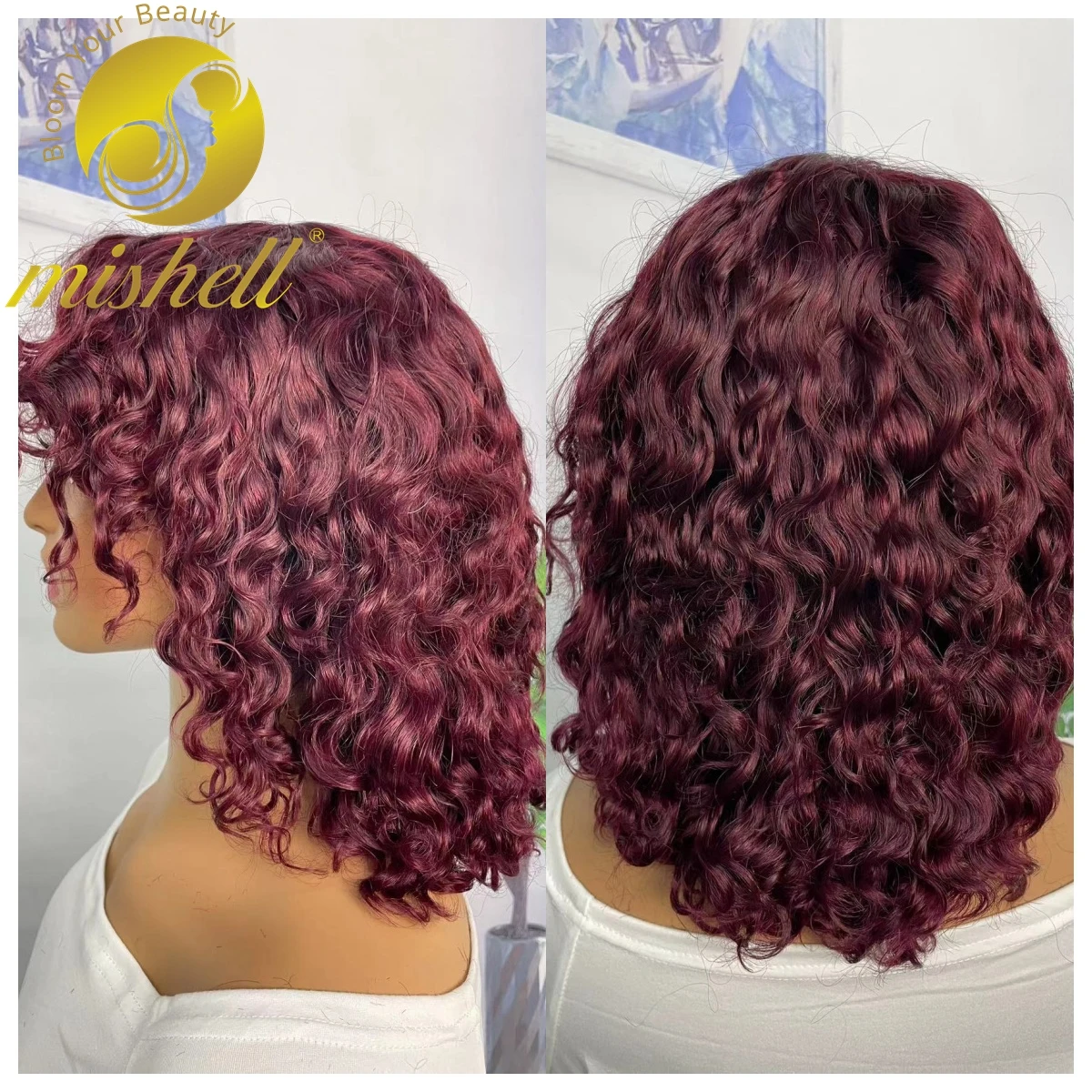 

200% Density 99J Burgundy Full Machine Made Water Wave Wig with Bangs Short Jerry Curly Human Hair Bob Wigs 12inch for Women