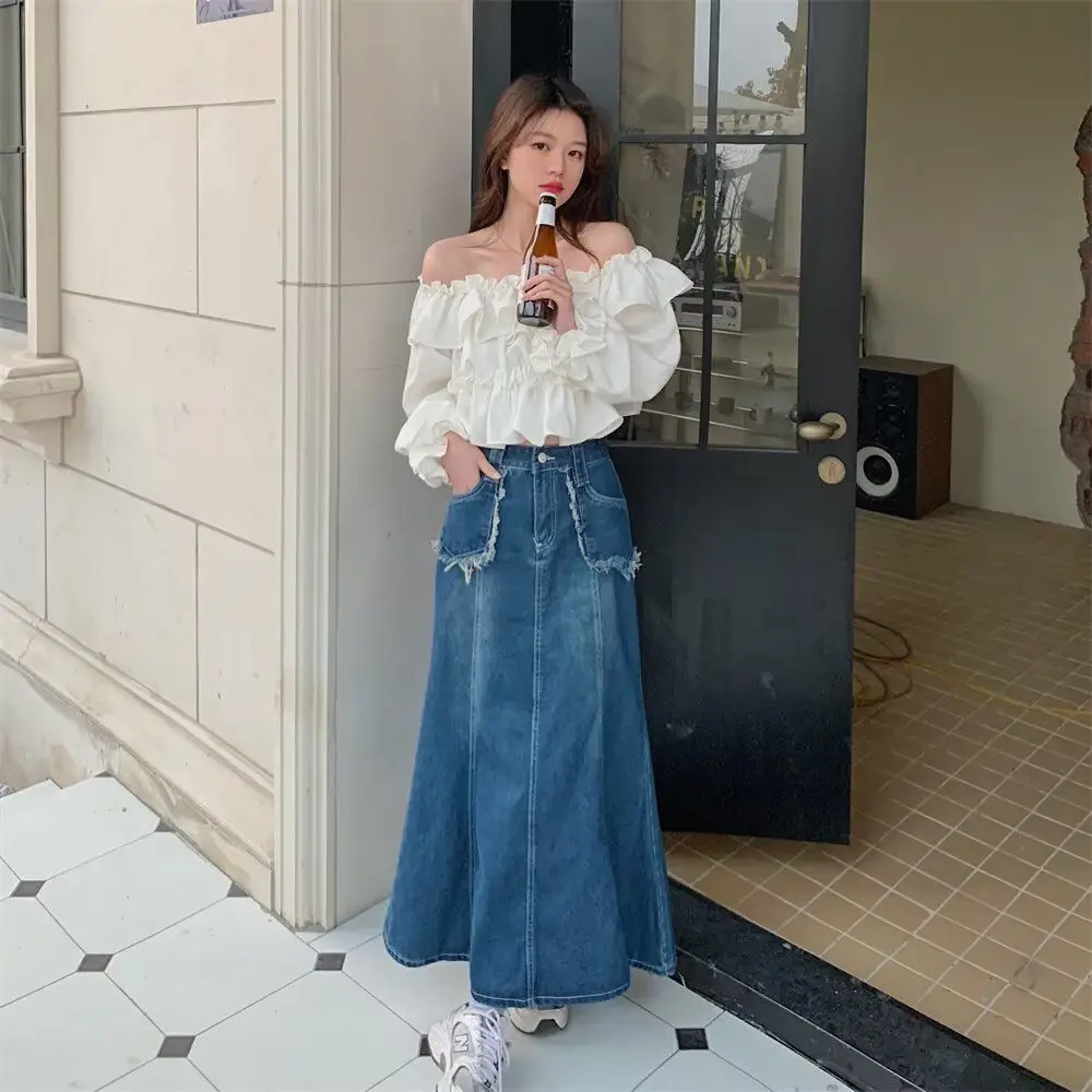 

plus Size High Waist Denim Skirt Midi A-Line Slim Fi Tail Long Skirt Casual Comfortable Mid-Length Women's Summer Dr