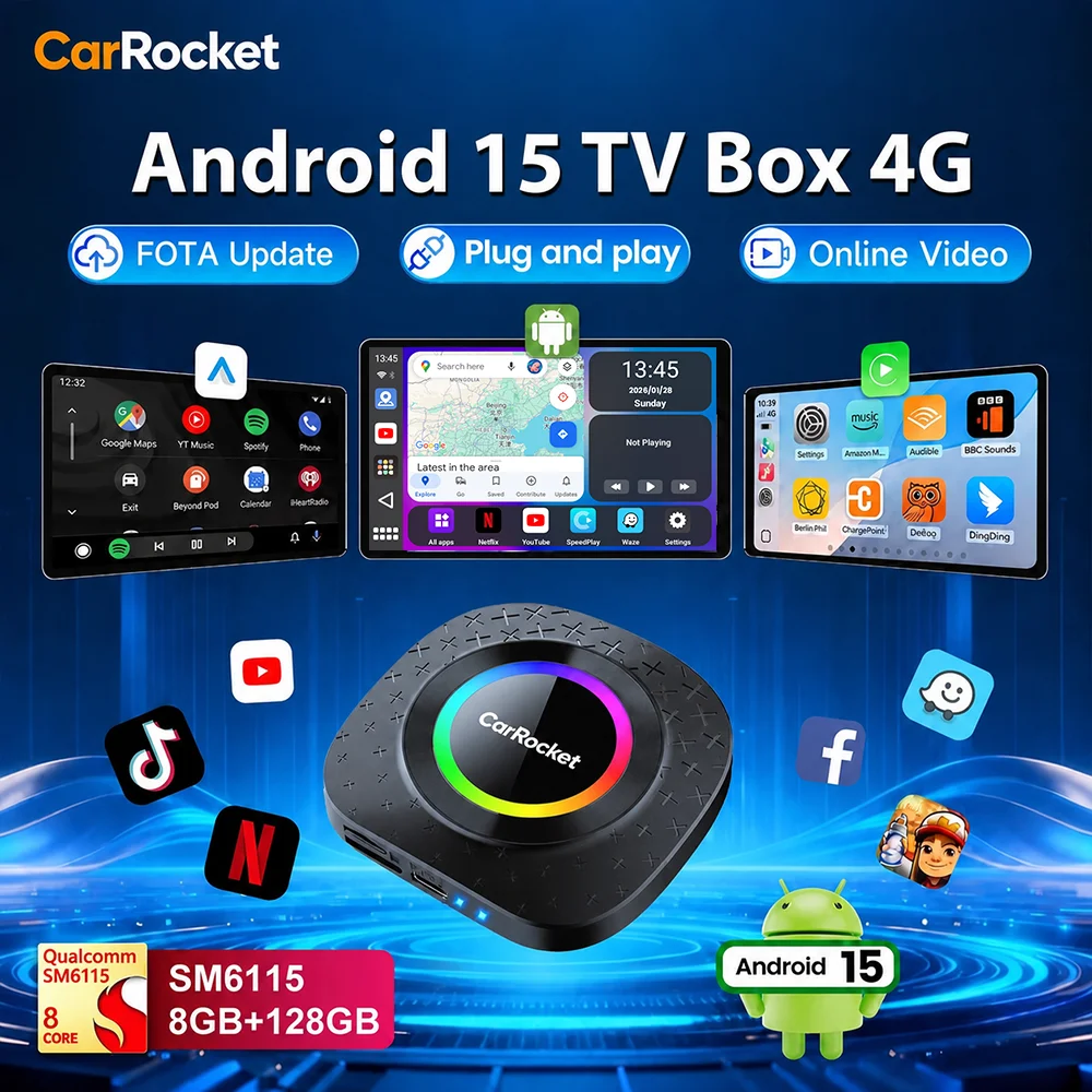CarRocket Android 15 Video Box Wireless Carplay Android Auto Plug and Play 4G Netword For Youtube Netflix Support TF/SD/SIM Card
