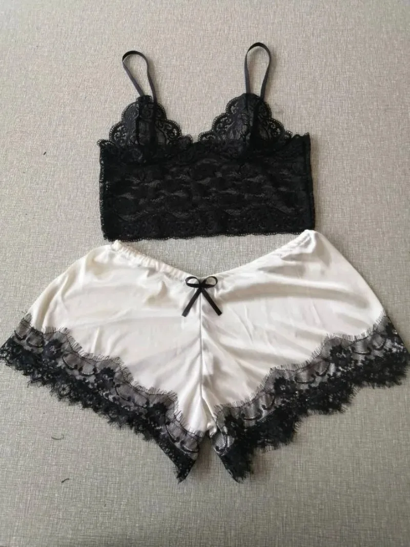 Ensemble pyjama 2 pièces Sexy en dentelle pour femmes, Bralette transparente, haut et short, vêtements de nuit respirants, grande taille, Lingerie d'été