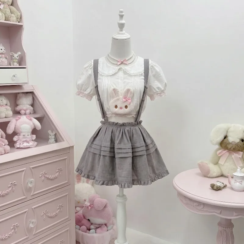 Conjunto de 2 piezas estilo Lolita japonesa para mujer: Top con cuello de bebé y diseño de conejo + Minifalda sin espalda con mangas abullonadas, ideal para fiestas, uso diario, estilo Y2K, dulce atuendo de verano.