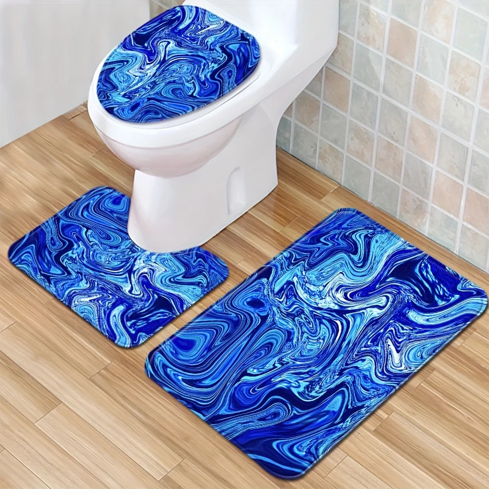 3‑Pieces Abstract Blue Fluid Bathroom Mat Set, Decor Rug Kit for Toilet and Entryway