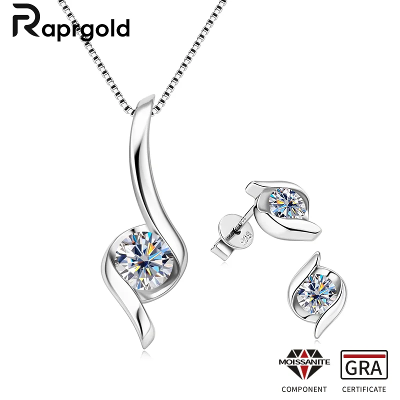 RAPRGOLD GRA Moissanite Necklace Earring Set for Women 925 Sterling Silver Stud Earrings Pendant Necklaces Wedding Jewelry Gifts