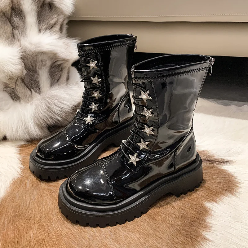 

Platform Tall Leather Boots 2025 Fall Winter Women's Star Design Lace Up Thigh High Booties Chunky Heel Shoes