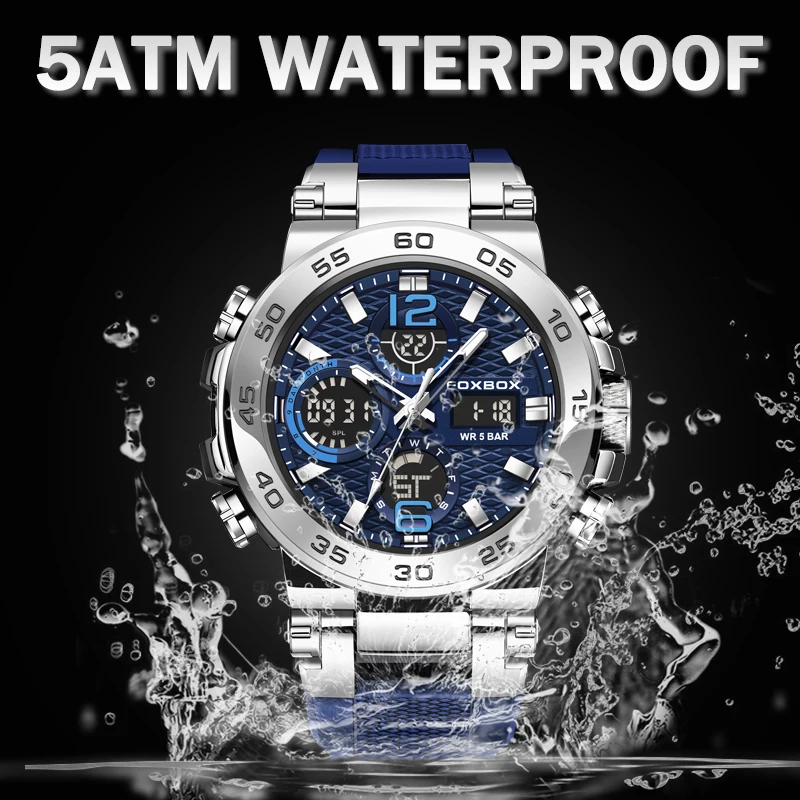 FOXBOX 남성용 최고 브랜드 스포츠 시계, 밀리터리 디지털 쿼츠 손목시계, 방수 발광 LED 럭셔리 남자 시계