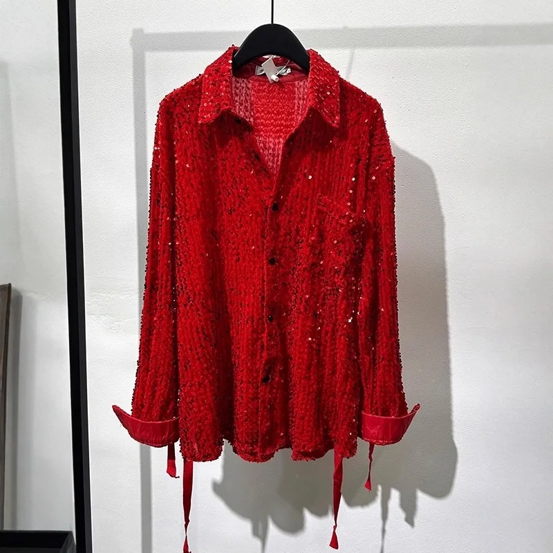 Spring Autumn Men's Sequins Shirt Solid Color Luxury Lapel Single Breasted Long Sleeve American Fashion Party Shining Shirts