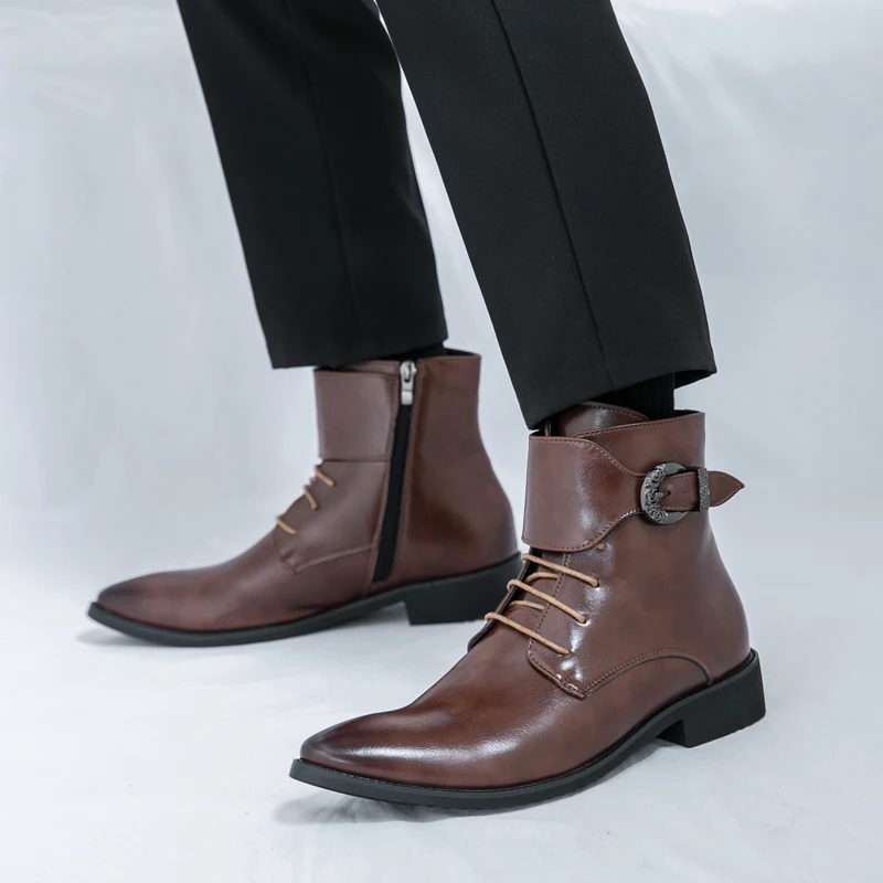 

Брендовые мужские модные трендовые ботильоны «Челси» с пряжкой, кожаные высокие туфли ручной работы, деловые повседневные элегантные ботинки высокого качества