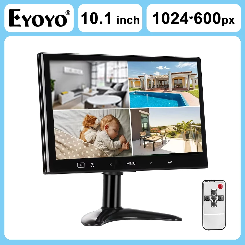 EYOYO-Monitor de PC de escritorio de 10,1 pulgadas, pantalla de TV con Control remoto, pantalla LCD de 1024x600, puerto HDMI VGA AV para cámara de seguridad CCTV