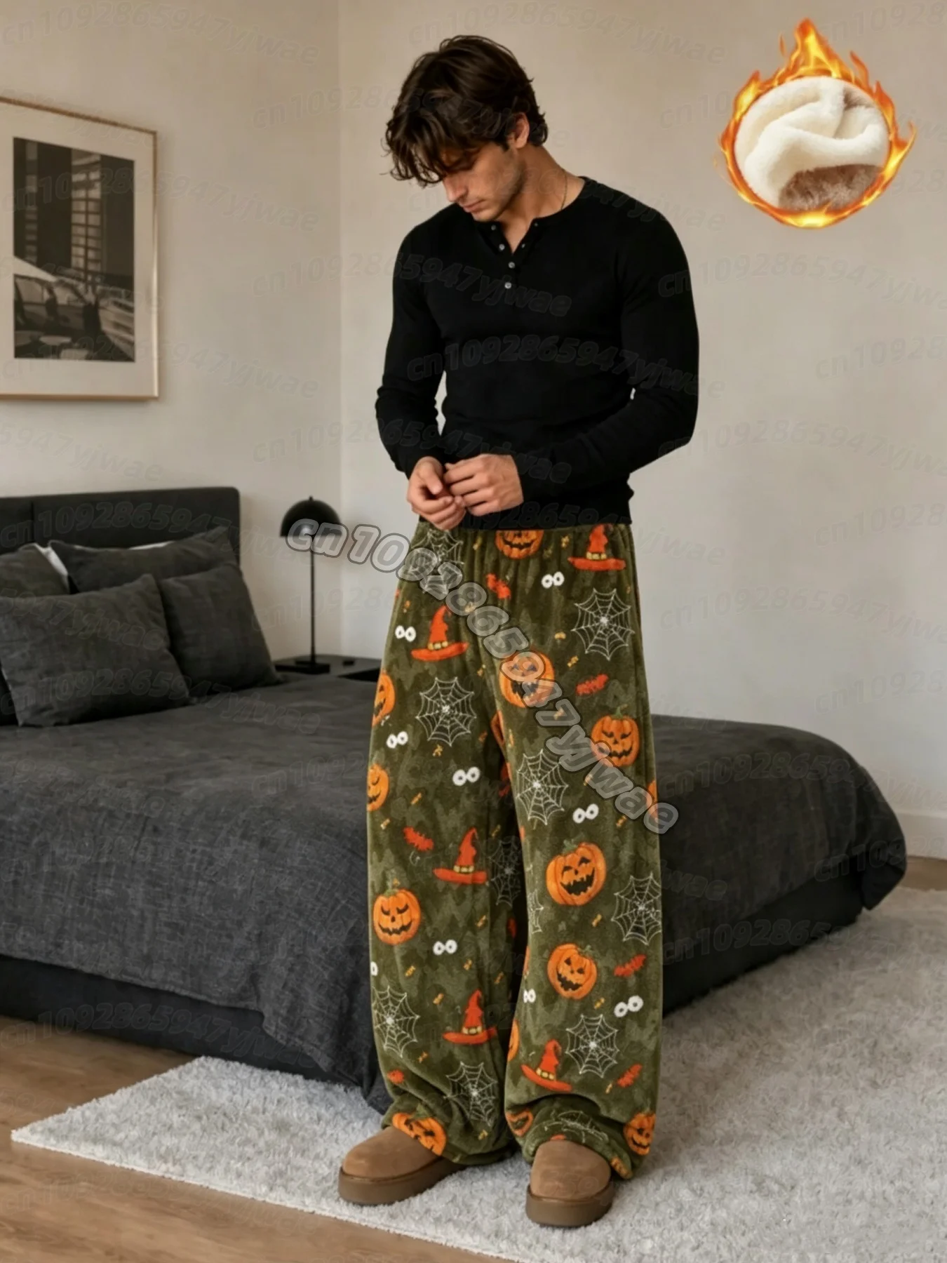 2026 Herbst HERREN Halloween Gruseliger Geist Kürbis Schlafanzughose, Gemütliche Plüsch-Loungehose, Pyjamahose – Detail 5