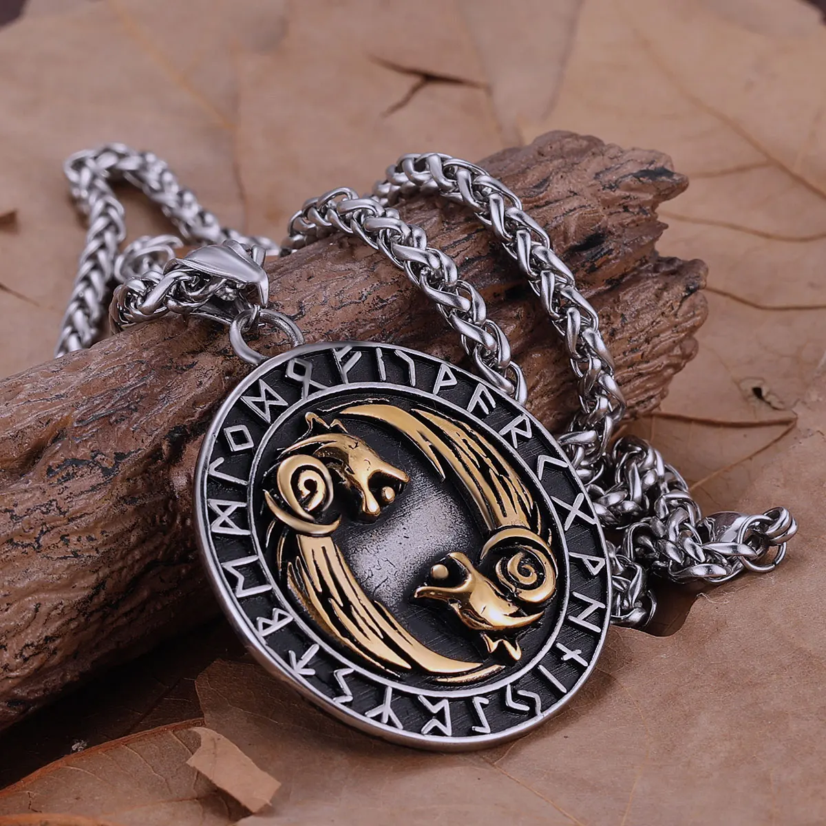 Vikings Stainless Steel Twin Wolves Mixed Gold Color Pendant Nordic Helmet of Awe Rune Amulet Necklace Gift for Boyfriend