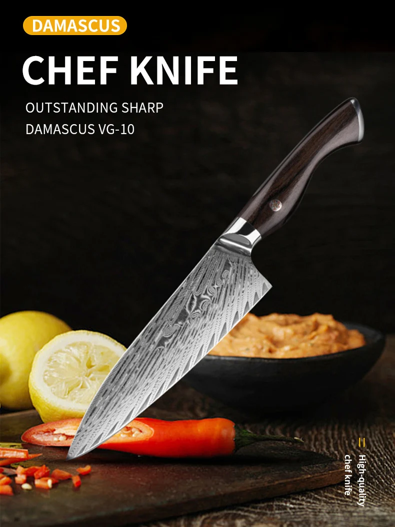 

8.3 Inch Chef Knife Damascus Steel VG-10 Blade Ebony Handle Cleaver Meat Slicing Vegetables Japanese Kitchen Knives Damasco