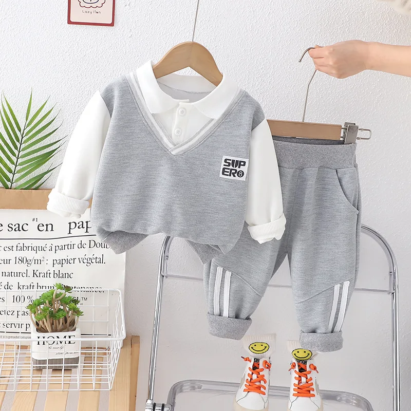 Spring Autumn 2024 Kids Boys 2PCS Clothes Set Spliced Sticker Cotton Polo Shirts Striped Pants Suit Toddler Baby Boys Outfits