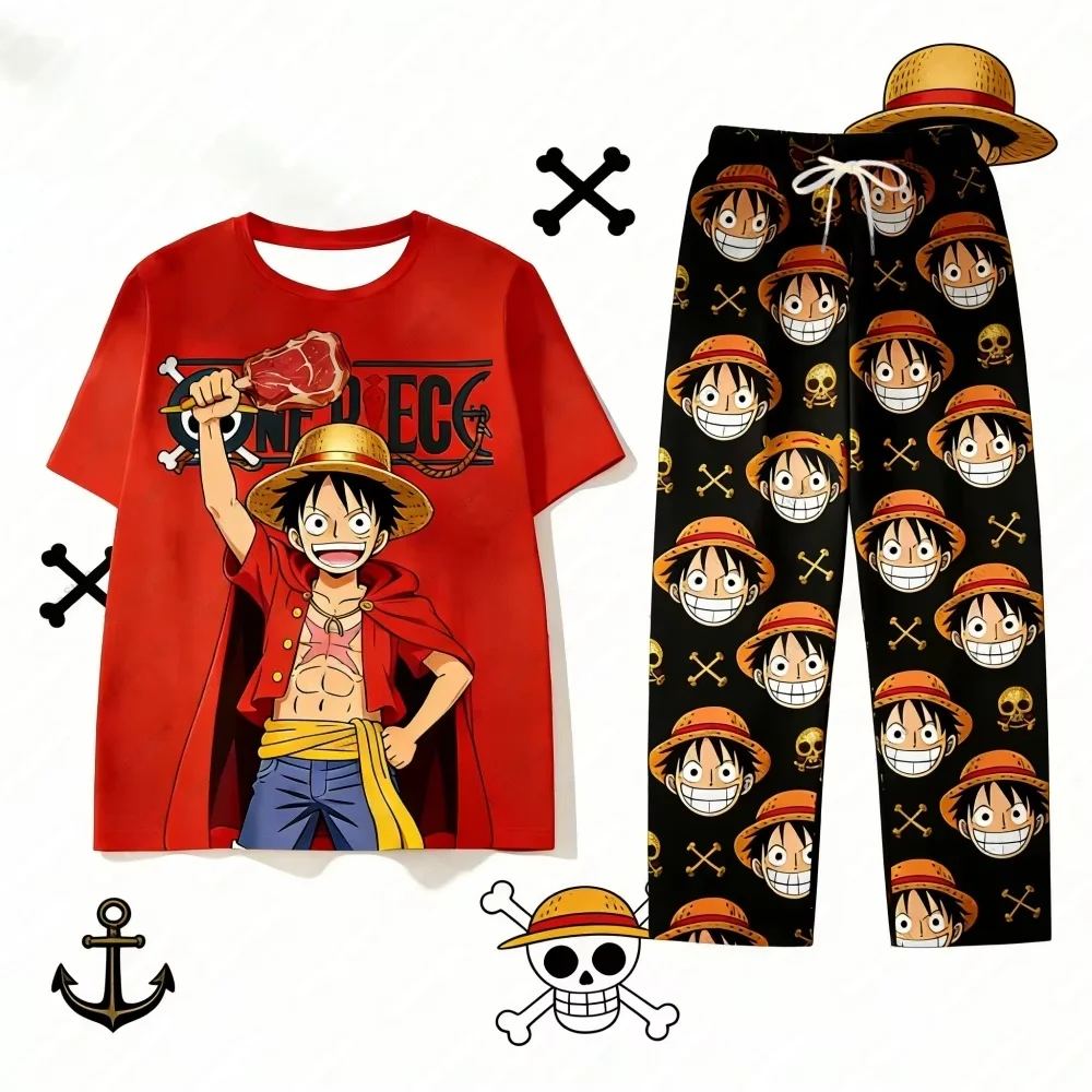 Conjunto de Pijama de One Piece, Diseño del Rey Pirata Luffy, para Hombre, Camiseta y Pantalones para Mujer, Estilo Y2K, Conjunto de Camiseta y Pantalones para Niños