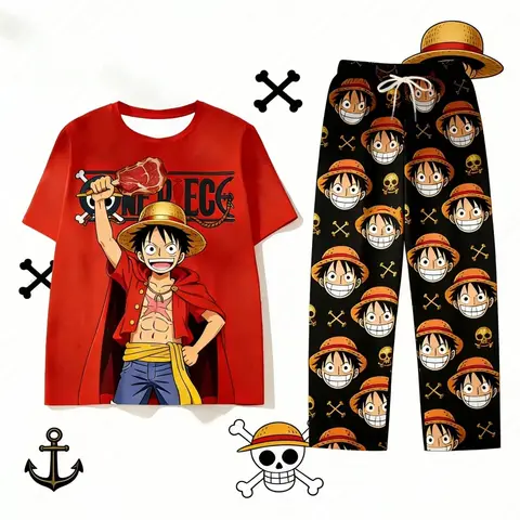 2026年ワンピース海賊王ルフィスーツパジャマパンツメンズシャツ女性用Y2K Tシャツとパンツセット子供用Tシャツセット